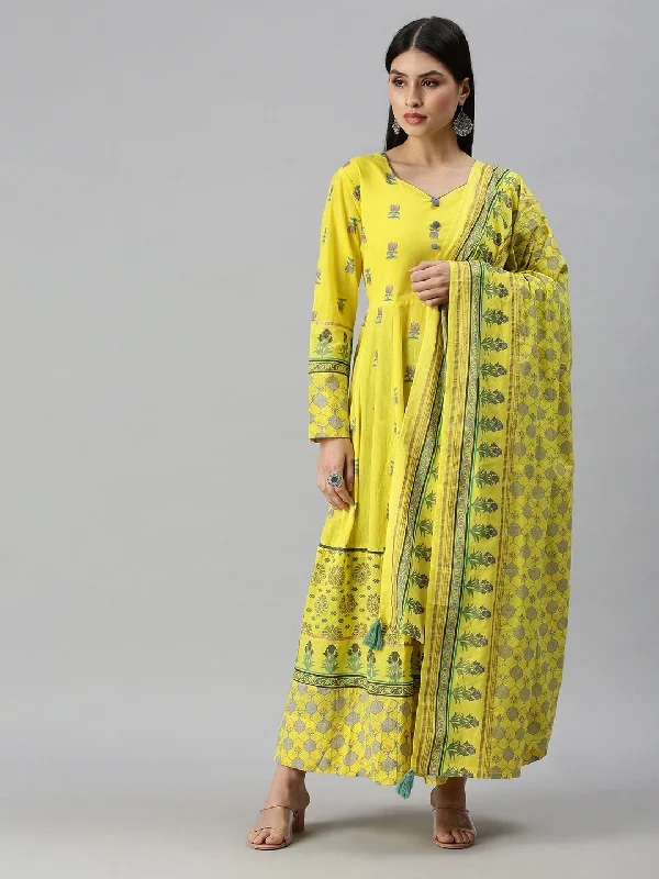 Women V-Neck Floral Yellow Anarkali Kurta and Trouser-BSM1018-Yellow Trousers Yoga Stretchy Women V-Neck Floral Yellow Anarkali Kurta and Trouser-BSM1018-Yellow Trousers Yoga Stretchy