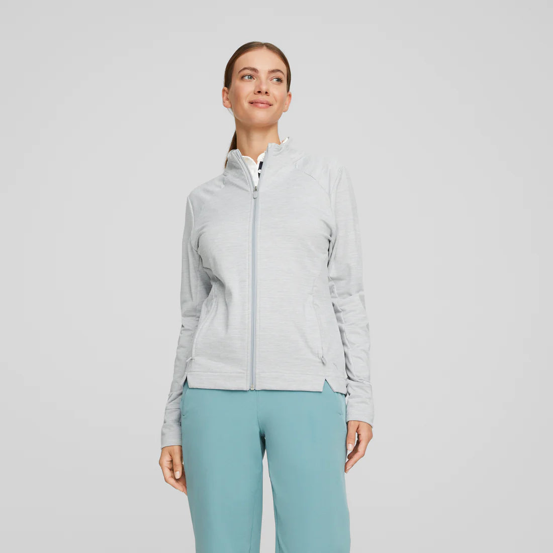 Puma Women's Cloudspun Heather Full Zip Jacket- High Rise Heather Fleece Fabric Down Fabric Feather Fabric