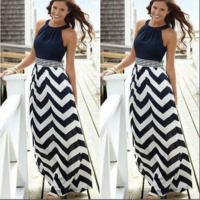Women Summer Striped Boho Evening Party Long Maxi Beach Dress Chiffon Dresses