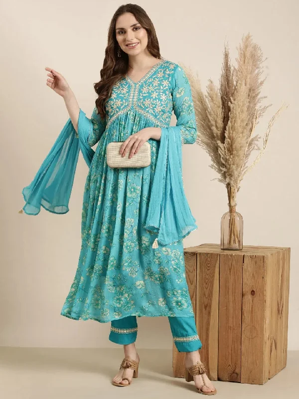 Women Anarkali Blue Floral Kurta and Trousers Set Comes With Dupatta-AT-A1376-KPD-Blue Trousers Occasion Special Women Anarkali Blue Floral Kurta and Trousers Set Comes With Dupatta-AT-A1376-KPD-Blue Trousers Occasion Special