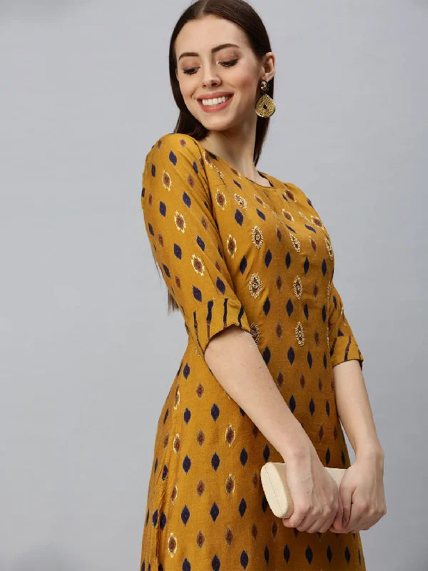 Women Straight Mustard Printed Kurta and Trousers-SKC3198-Mustard Trousers High Rise Slim Fit Women Straight Mustard Printed Kurta and Trousers-SKC3198-Mustard Trousers High Rise Slim Fit