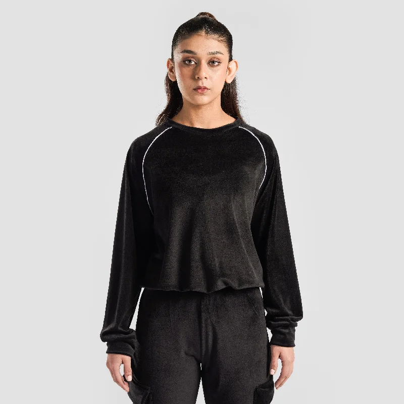 Velour SweatShirt (Black) Hoodie with Ribbed Neckline Snug Warm