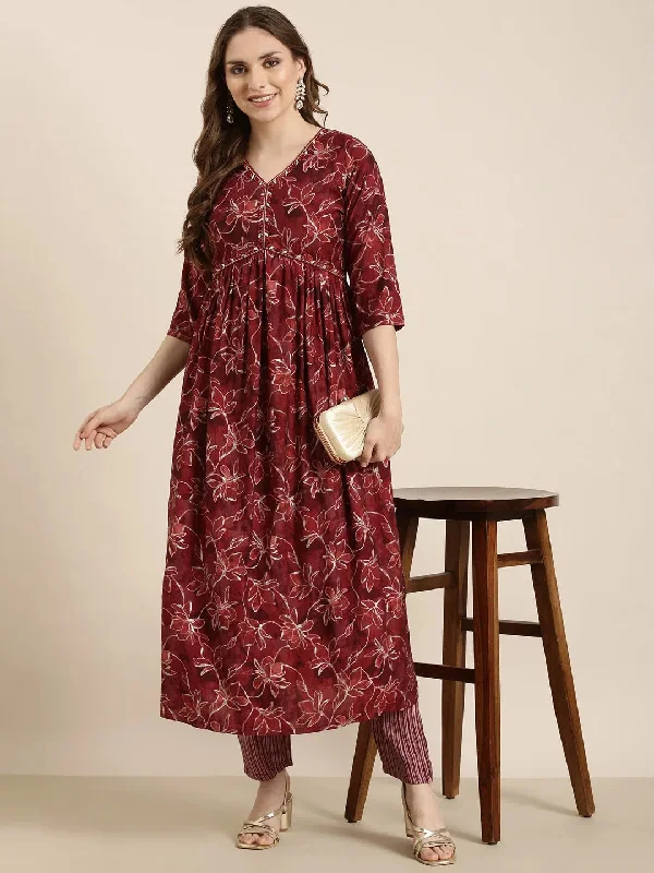 Women Anarkali Maroon Floral Kurta and Trousers Set-SKC-052596-Maroon Trousers stylish elegant Women Anarkali Maroon Floral Kurta and Trousers Set-SKC-052596-Maroon Trousers stylish elegant