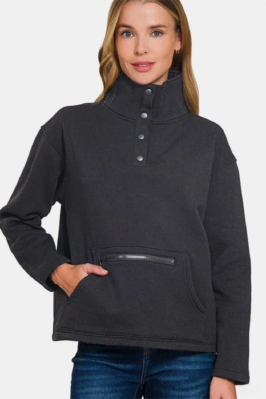 Hazel Blues® | Zenana Turtleneck Half Snap Fleece Sweatshirt Hoodie with Hood Adjustable Protection Hazel Blues® | Zenana Turtleneck Half Snap Fleece Sweatshirt Hoodie with Hood Adjustable Protection