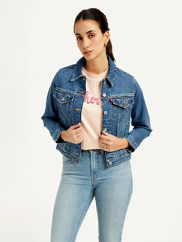 Women's Solid Blue Spread Collar Jacket Cotton Jacket Linen Jacket Terry Jacket