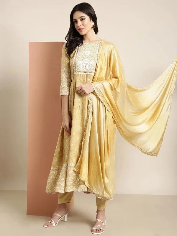 Women Anarkali Beige Floral Kurta and Trousers Set Comes With Dupatta-BC-SK-1757-Beige Trousers cozy comfortable Women Anarkali Beige Floral Kurta and Trousers Set Comes With Dupatta-BC-SK-1757-Beige Trousers cozy comfortable