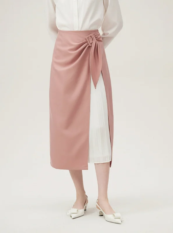 Asymmetrical Wrap Midi Skirt - Side Tie Pleated Insert lightweight skirt design