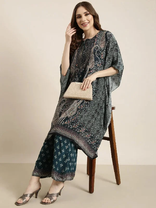 Women Teal Printed Tunic & Trousers Set-DW-5727-Teal Trousers Spring Floral
