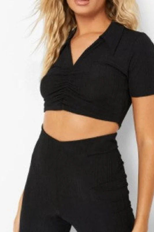 Black Slinky Poly Ruched Crop Top Cozy Warm Stylish