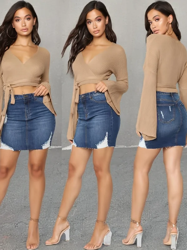 Mid Stretch Slim Fit Raw Cut Denim Mini Skirt - Ripped Holes, Fashionable, Comfortable, Versatile - Womens Denim Clothing, Summer Essential, Casual Wear leather skirt sleek