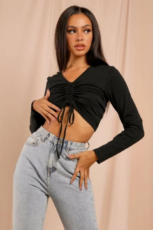Drawstring At The Front Long Sleeve Crop Top Nylon Fabric Polyester Fabric Spandex Fabric