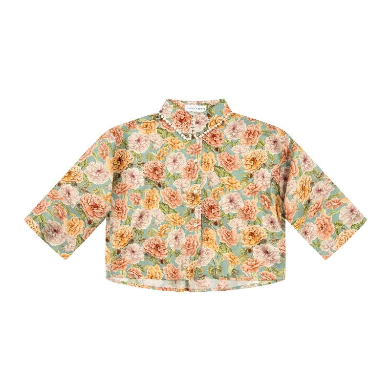 OVERSIZED CROP TOP WITH LACE DETAILED COLLAR-ENGLISH ROSE TEAL Satin Blend Silk Blend Wool Blend