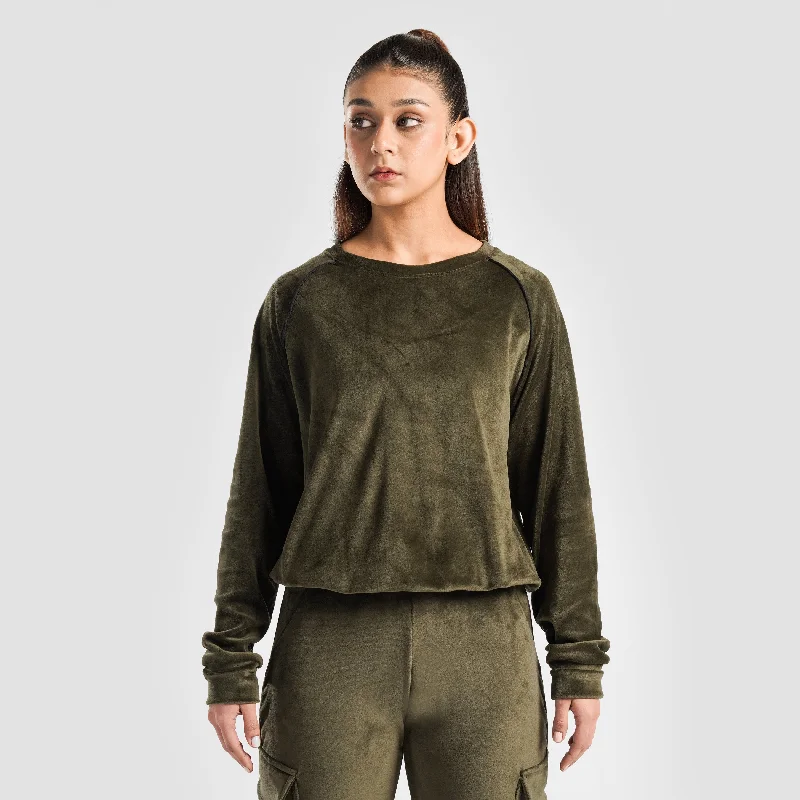 Velour SweatShirt (Olive) Hoodie with Elastic Cuffs Stretchable Comfortable