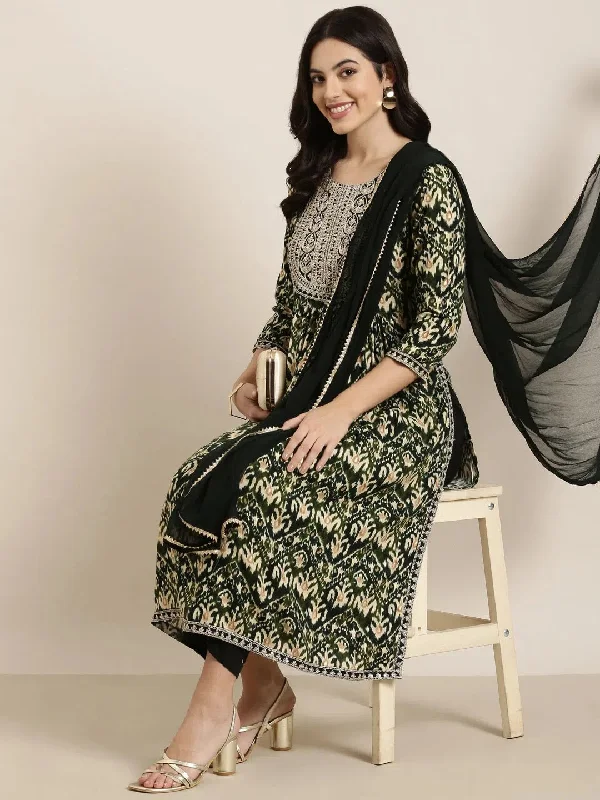 Women A-Line Green Ethnic Motifs Kurta and Trousers Set Comes With Dupatta-RJF-053-Green Trousers Silk Elegant Women A-Line Green Ethnic Motifs Kurta and Trousers Set Comes With Dupatta-RJF-053-Green Trousers Silk Elegant