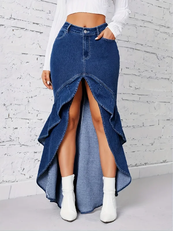 Chic Ruffle-Trimmed Midi Denim Skirt with High-Waist Split Hem - Stretchy Cotton Blend, Non-Sheer, Machine Washable - Perfect for Spring/Summer/Fall Parties & Casual Wear linen skirt relaxed