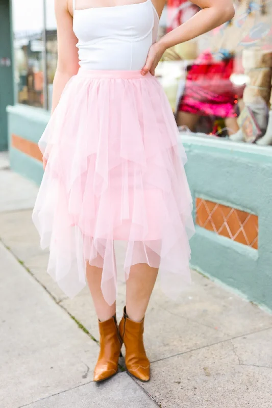 Feeling Femme' Blush Asymmetric Tiered Tulle Midi Skirt leather skirt modern