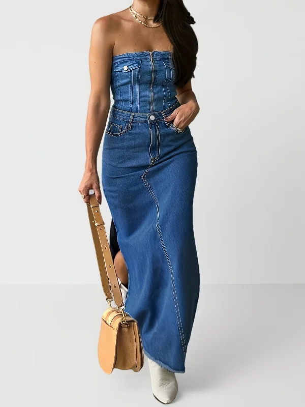 Stretchy High-Rise Split Side Maxi Denim Skirt - Women's Denim Skirts with Elegant Slash Pockets, Comfortable & Flattering Fit - Perfect for Casual Daily Wear leather skirt durable Stretchy High-Rise Split Side Maxi Denim Skirt - Women's Denim Skirts with Elegant Slash Pockets, Comfortable & Flattering Fit - Perfect for Casual Daily Wear leather skirt durable