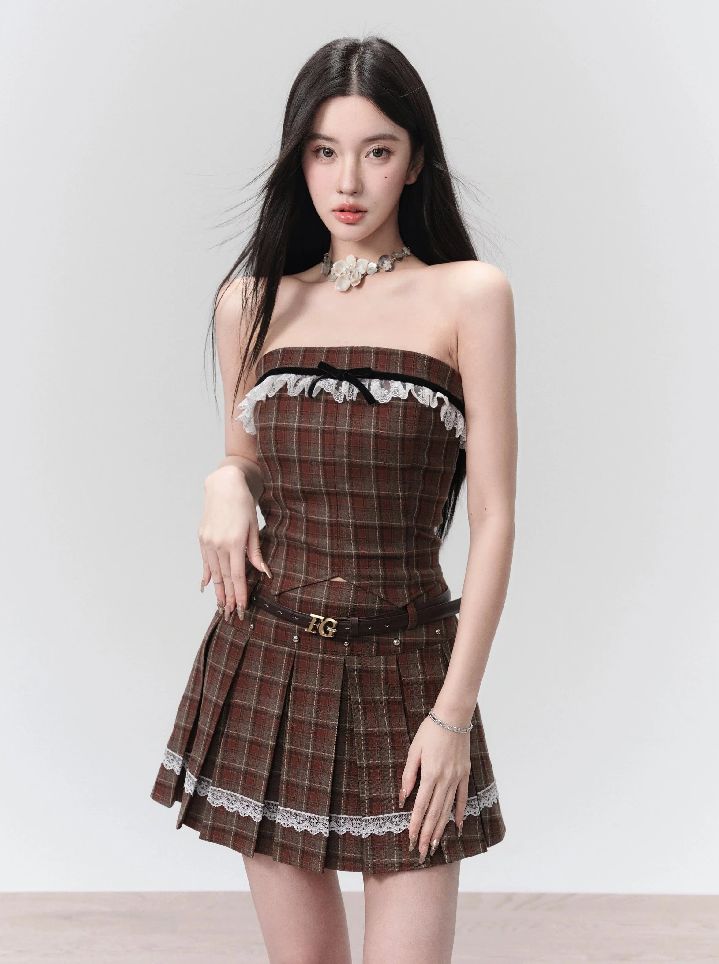 Vintage Plaid Pleated Mini Skirt with Lace Trim lace skirt romantic