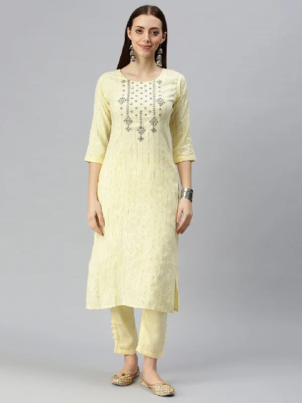 Women Straight Yellow Striped Kurta and Trousers-SKC3204-Yellow Trousers Flared Retro