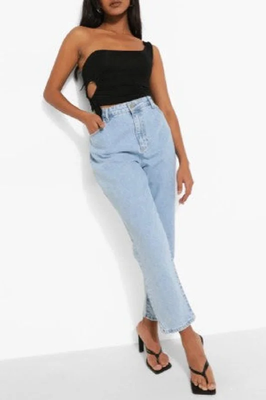 Black Petite One Shoulder Cut Out Crop Top Front Pockets Side Pockets Patch Pockets