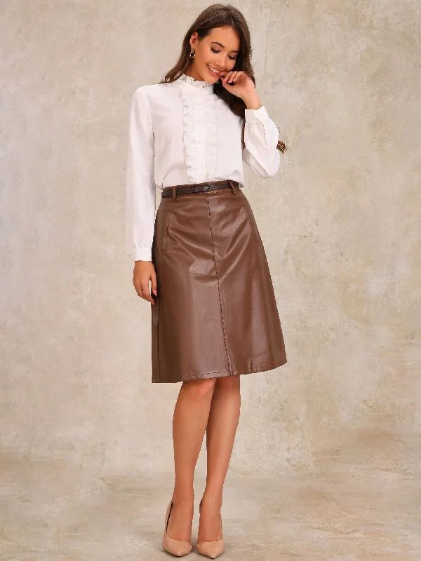 Faux Leather Belted A-Line High Waist Midi Skirt leather skirt bold