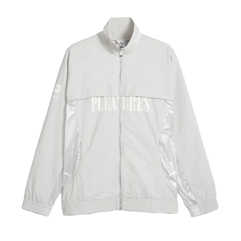 Puma x Pleasures Cellerator Track Jacket Glacial Grey Notch Collar Peter Pan Collar Cowl Neck