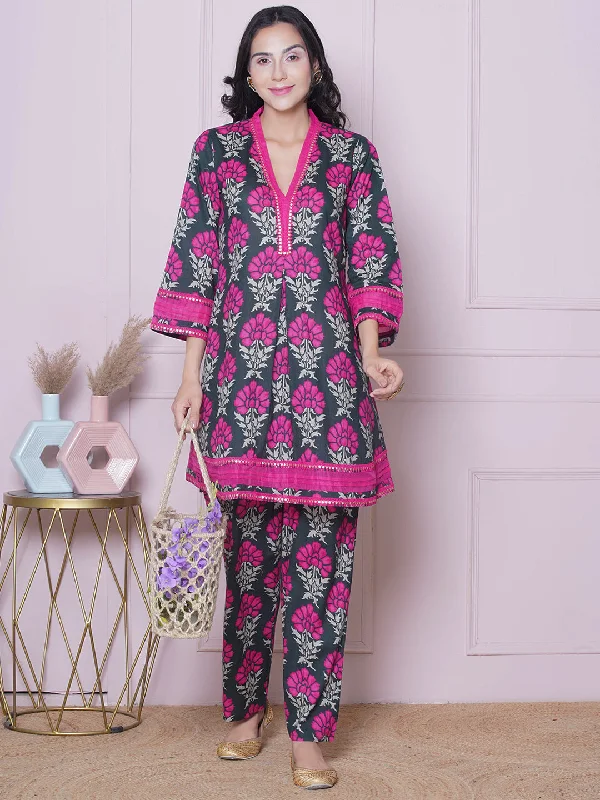 Floral Printed V-Neck Pure Cotton Tunic with Trousers Trousers chic elegant