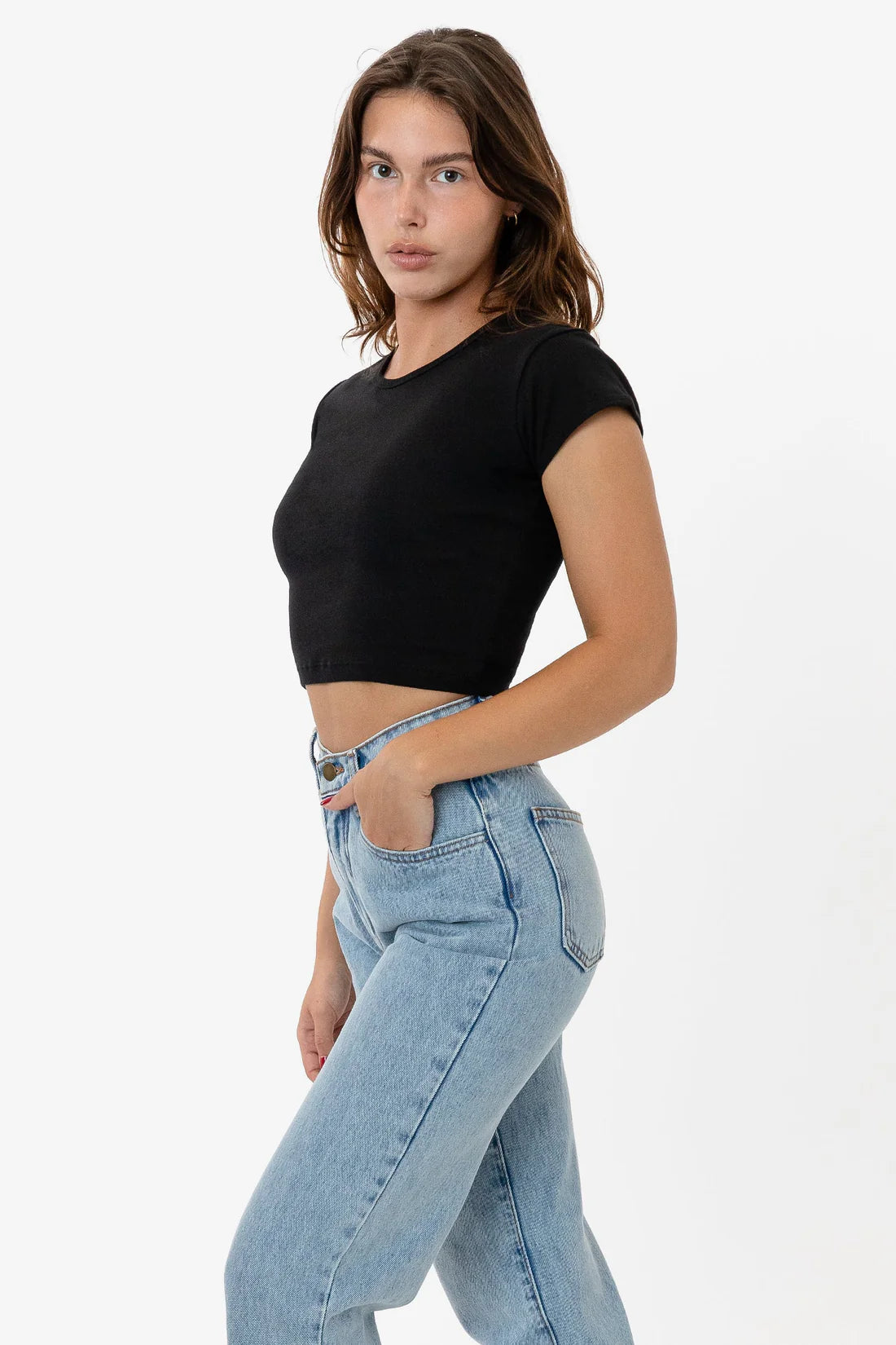 Cap Sleeves Baby Rib Crop Top | LA Apparel Houndstooth Herringbone Solid