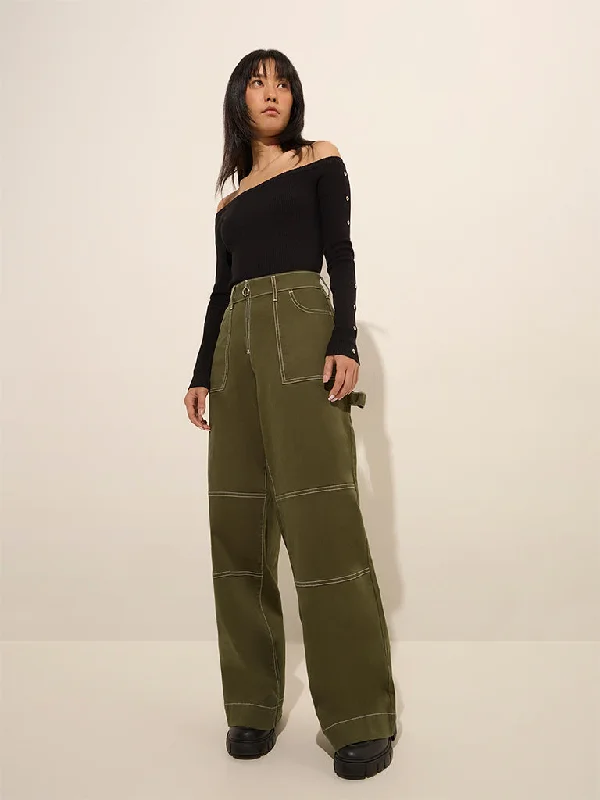Nuon Olive High-Rise Relaxed-Fit Cotton Trousers Wide Leg Loose Fit Mid Waist