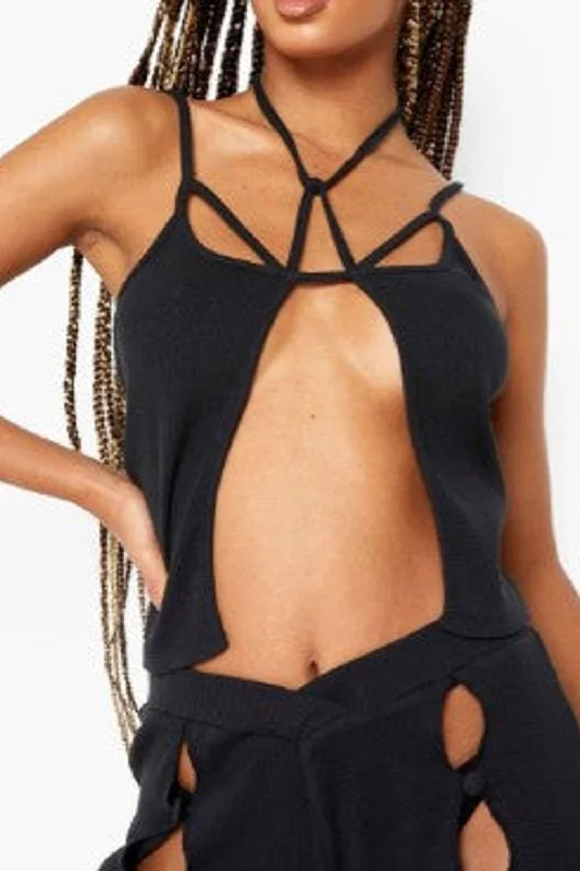 Rib Split Front Strappy Crop Top Zippered Front Buttoned Front Snap Front