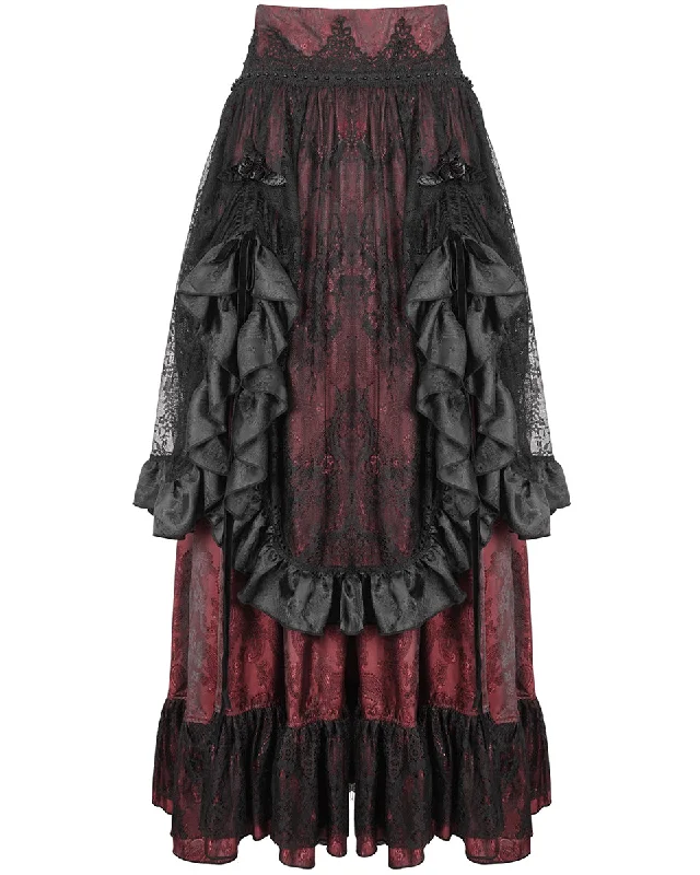 Devil Fashion Womens Long Gothic Jacquard & Lace Bustle Maxi Skirt - Red & Black leather skirt refined