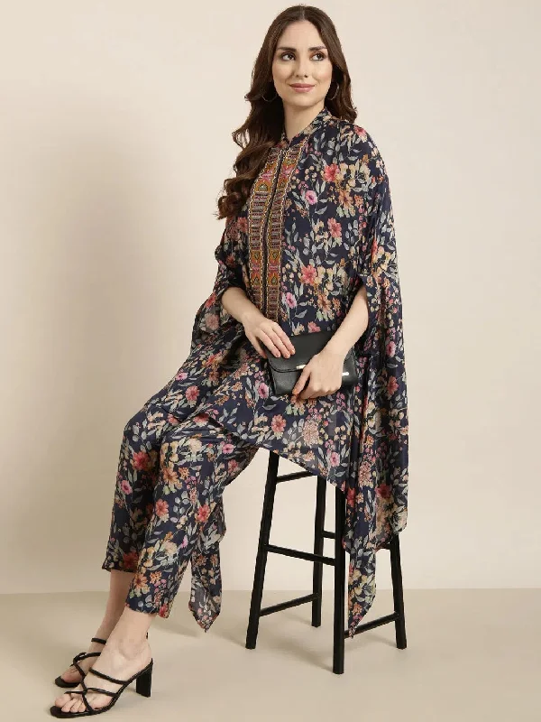 Women Blue Printed Top & Trousers Set-DW-5600-Blue Trousers High Rise Slim Fit
