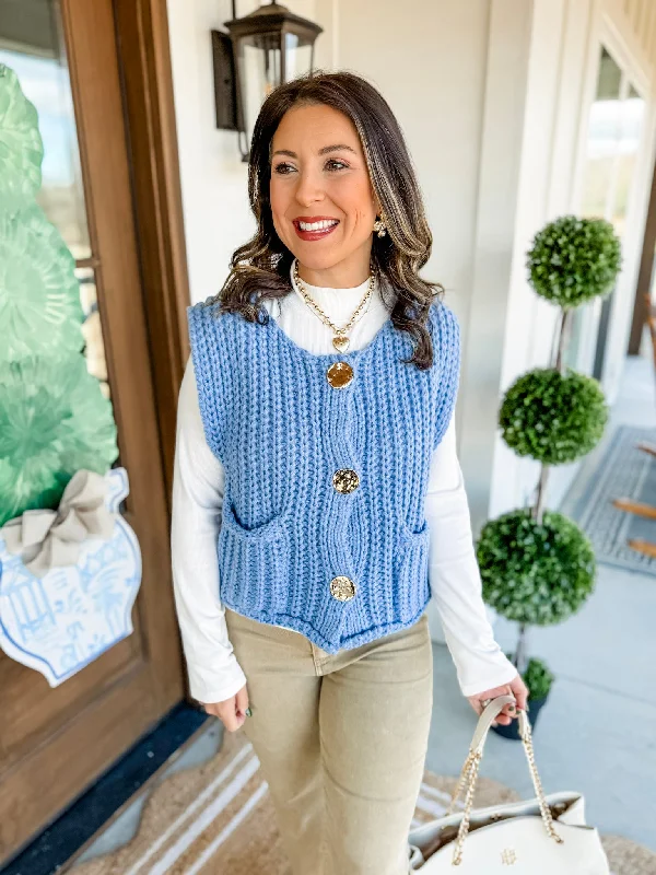 A Touch of Gold Sweater Vest in Blue Elegant Classic Vintage