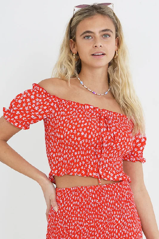 RED DITSY FLORAL PRINT SHIRRED BARDOT CROP TOP Elasticated Padded Insulated