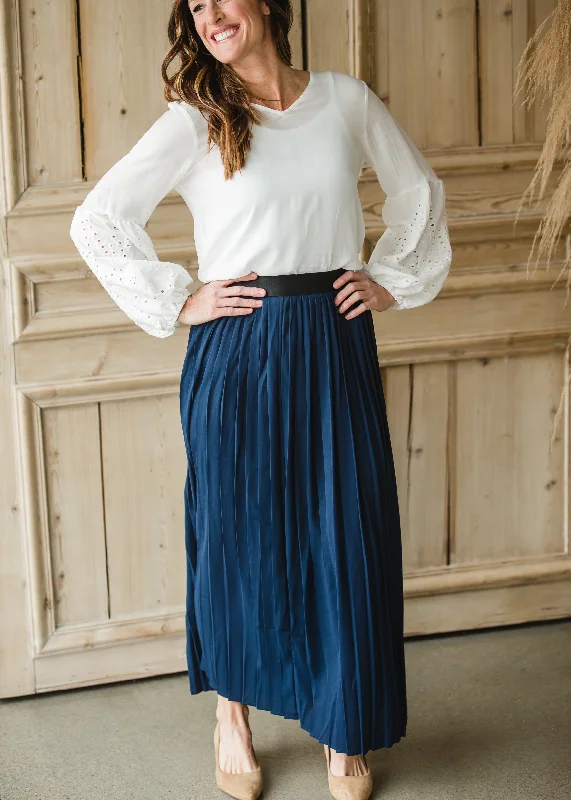 High Waisted Pleated Navy Maxi Skirt - FINAL SALE corduroy skirt cozy
