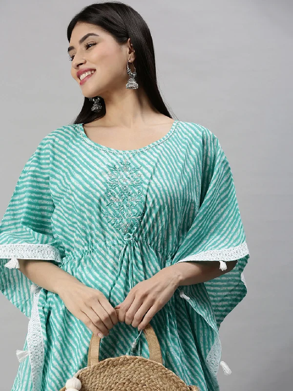 Women Kaftan Turquoise Blue Printed Kurta and Trousers-UB2412-Turquoiseblue Trousers Summer Linen