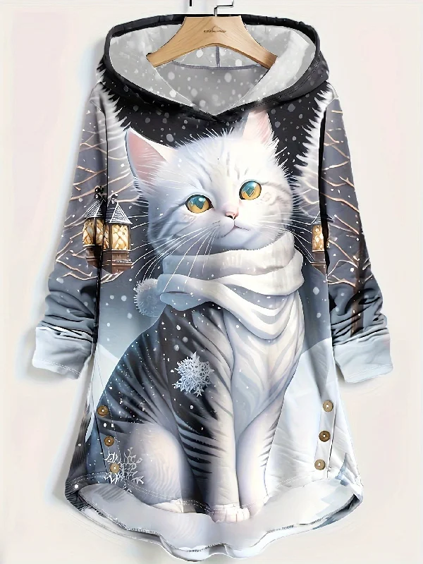 Womens Chic Cat Print Hoodie with Button Front - Flattering Curvy Hem & Long Sleeves - Casual Everyday Style Hoodie with Lace Feminine Delicate Womens Chic Cat Print Hoodie with Button Front - Flattering Curvy Hem & Long Sleeves - Casual Everyday Style Hoodie with Lace Feminine Delicate
