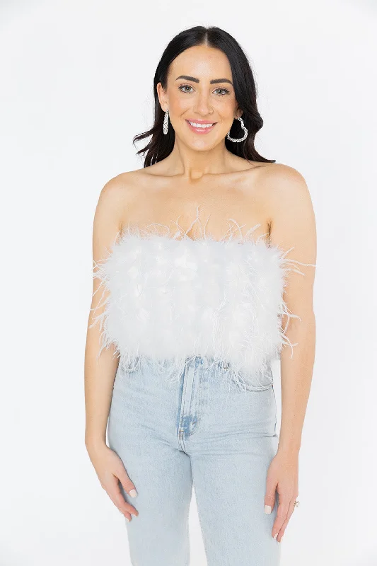 Fancy Strapless Feather Crop Top - White Faux Fur Fabric Real Fur Fabric Shearling Fabric