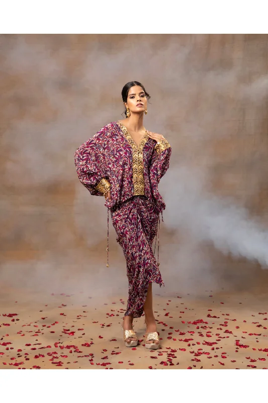 Purple Printed Embroidered Batwing Top With Draped Skirt Set lace skirt elegant