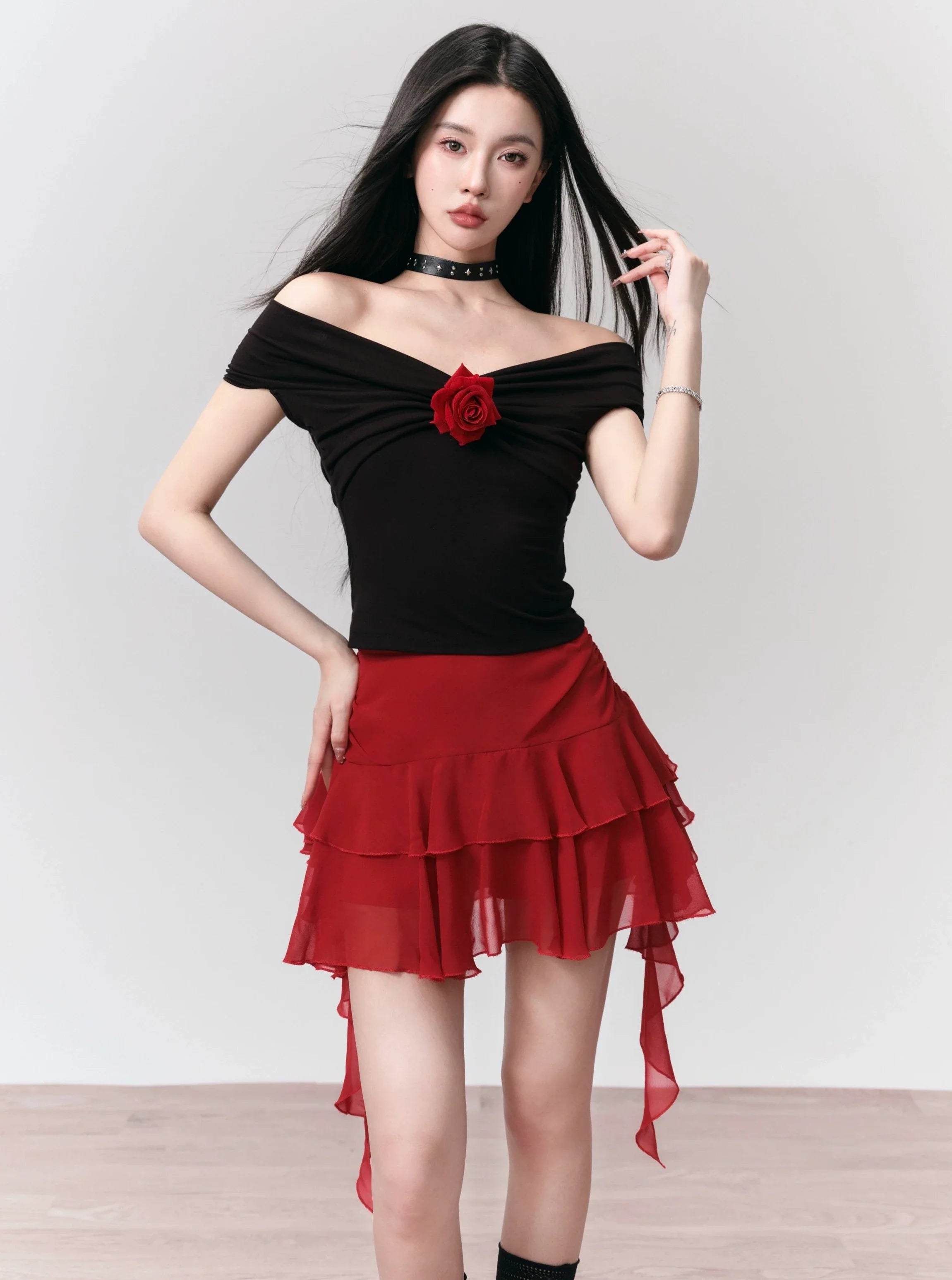 Flamenco-Inspired Dance Set: Off-Shoulder Rose Top and Ruffled Mini Skirt corduroy skirt cozy