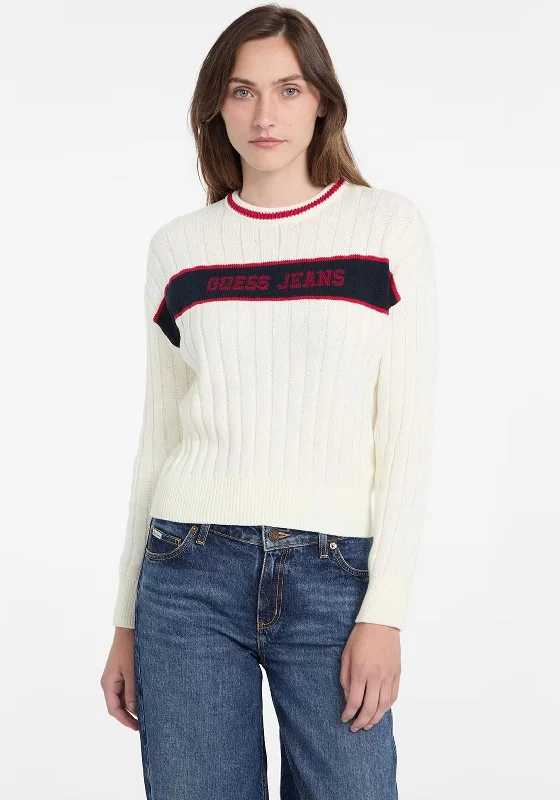 Guess Logo Embroidered Ribbed Sweater, Cream Multi Collared Crew Neck Turtle Neck
