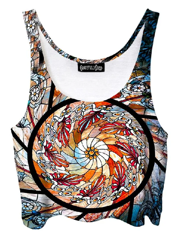 Stained Glass Mandala Crop Top Notch Collar Peter Pan Collar Cowl Neck