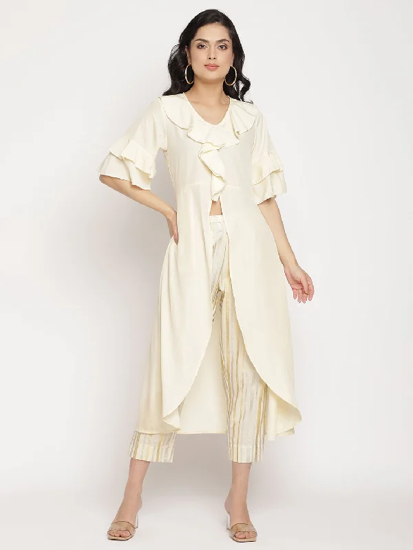 Women's Off White Layered Kurta With Trousers- Ahalyaa Trousers Hiking Durable