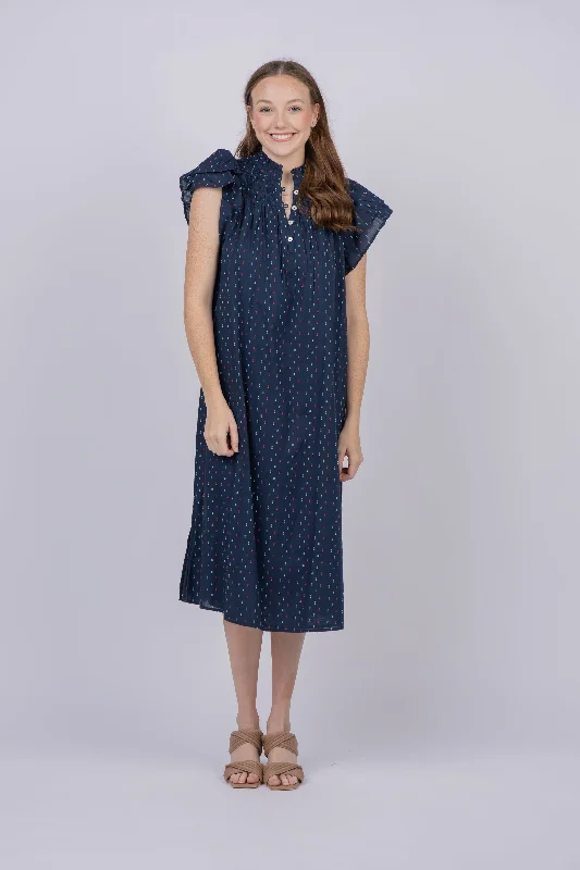 Never a Wallflower Smocked Dress in Navy Swiss Dot
