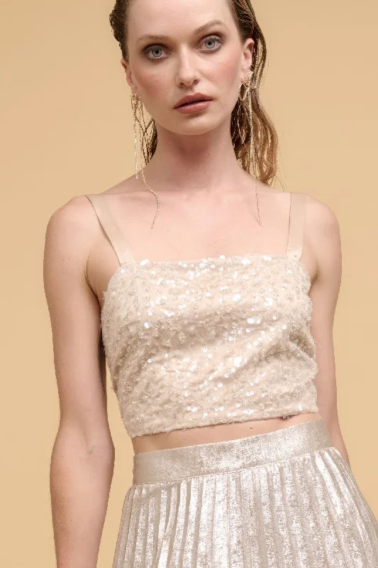 Bella's Floral Sequins Straight Neck Crop Top Solid Color Striped Floral