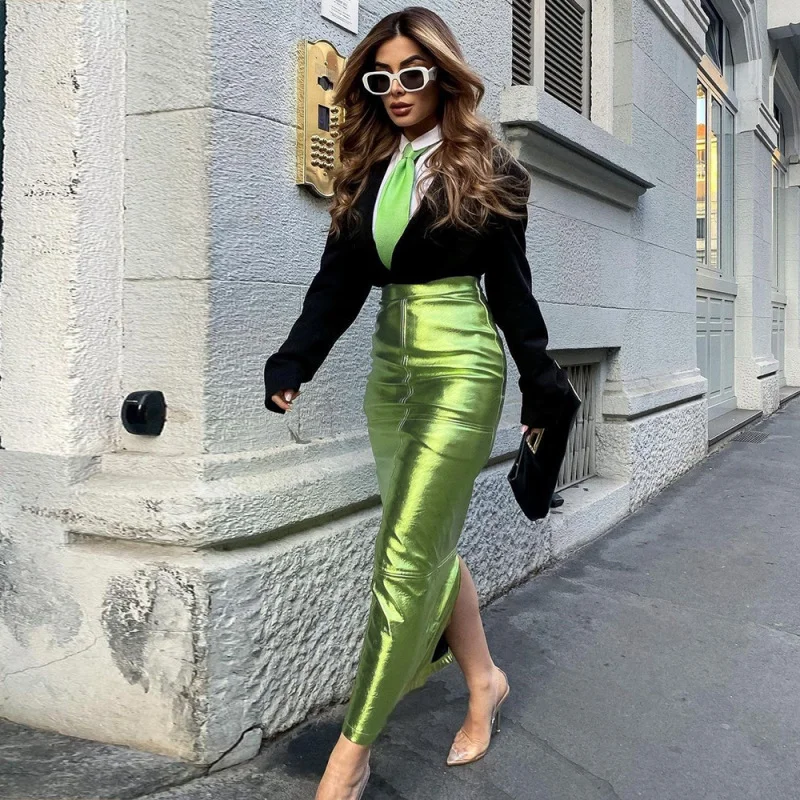 Women Fashion High-Waist Metallic Glossy Slit Skirt velvet skirt plush