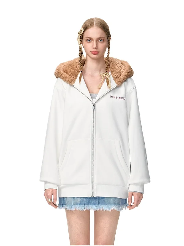 Bear Zip Fuzzy Hoodie Hoodie with Hem Raw Edge Edgy Unfinished