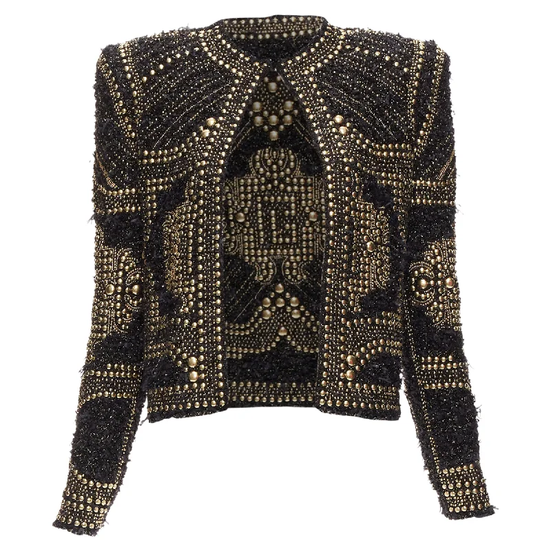 Balmain Gold Black Boucle Tweed Gold Studded Power Shoulder Jacket Hoodie Zip-Up Jacket Button-Up Jacket Balmain Gold Black Boucle Tweed Gold Studded Power Shoulder Jacket Hoodie Zip-Up Jacket Button-Up Jacket