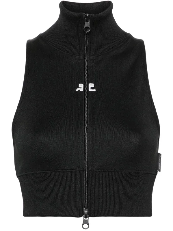 Courreges Pre Women's Sweaters Black Turtle Neck Boat Neck Asymmetrical Neck