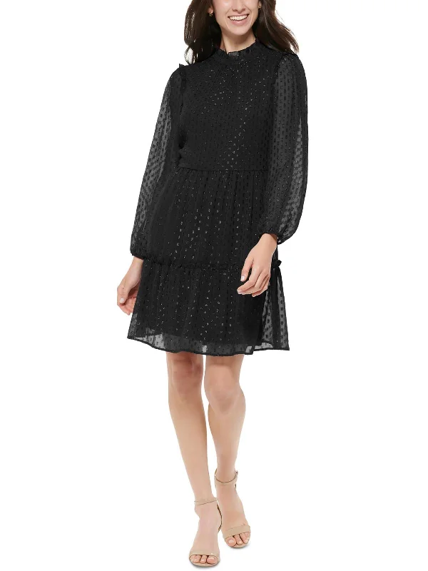 Petites Womens Ruffled Mini Shift Dress